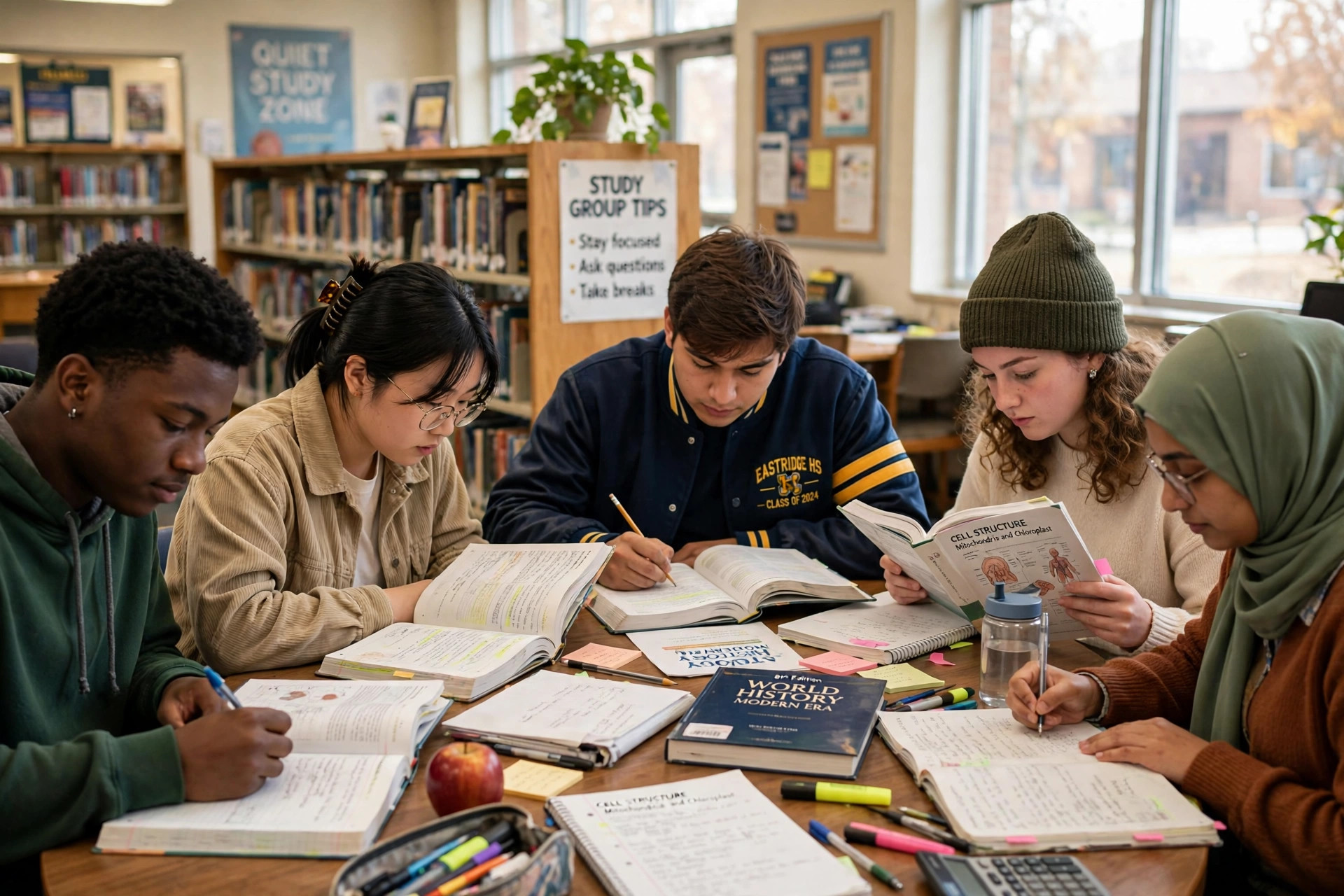 High school students studying together in the library